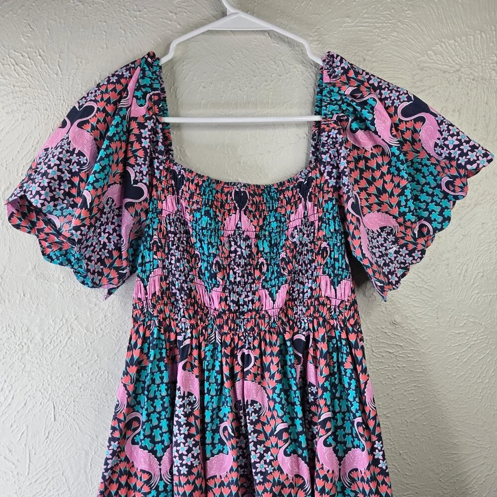 Simply Southern Dress Medium Tropical Flamingo Print Smocked BabyDoll Mini - Picture 7 of 12